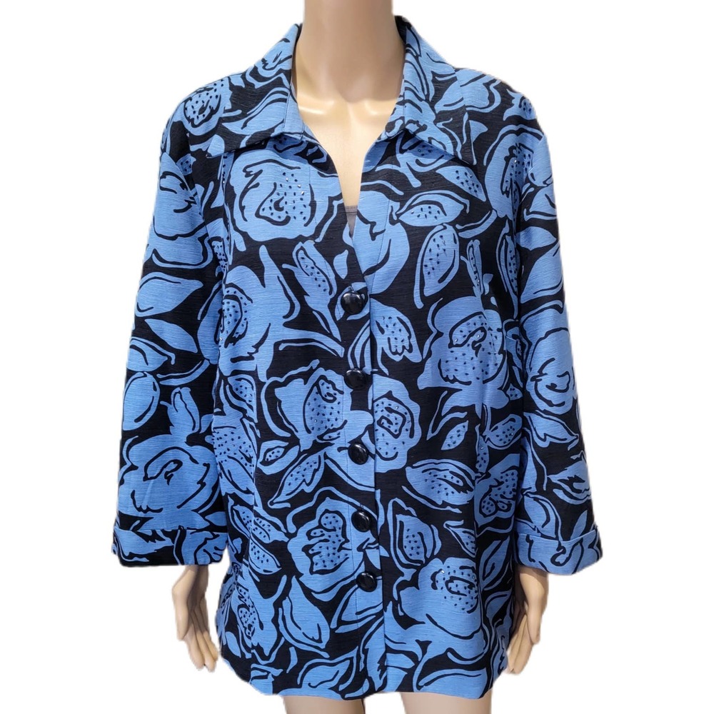 Silk Land Woman 2X Blue with Black Print Coat Blazer